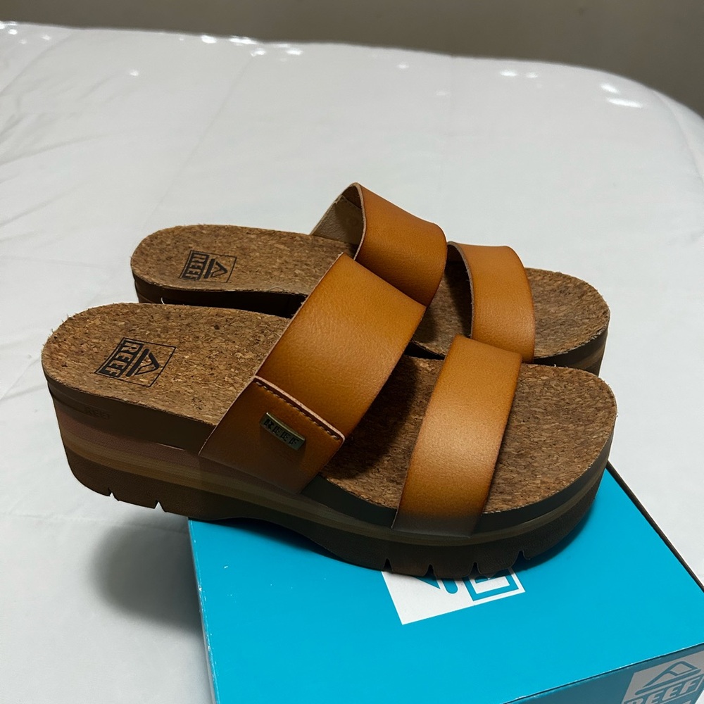Reef Tan Platform Sandals with Cork Footbed